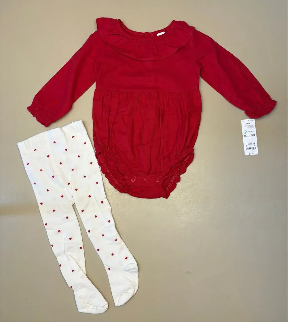Baby Girl Carter’s Red Ruffle Bodysuit Tights Set 18M NWT Valentine Holiday